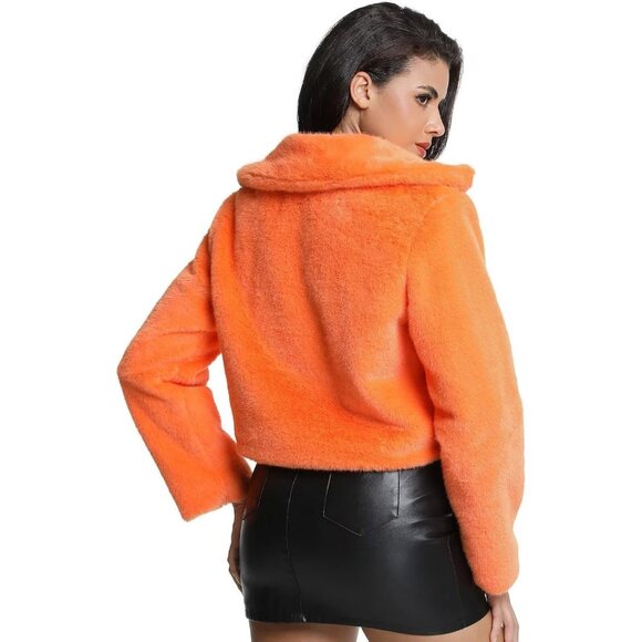 Women's Cropped Faux Fur Jacket with Hidden Pocket and Buttons Plush Coat Orange - Picture 6 of 6